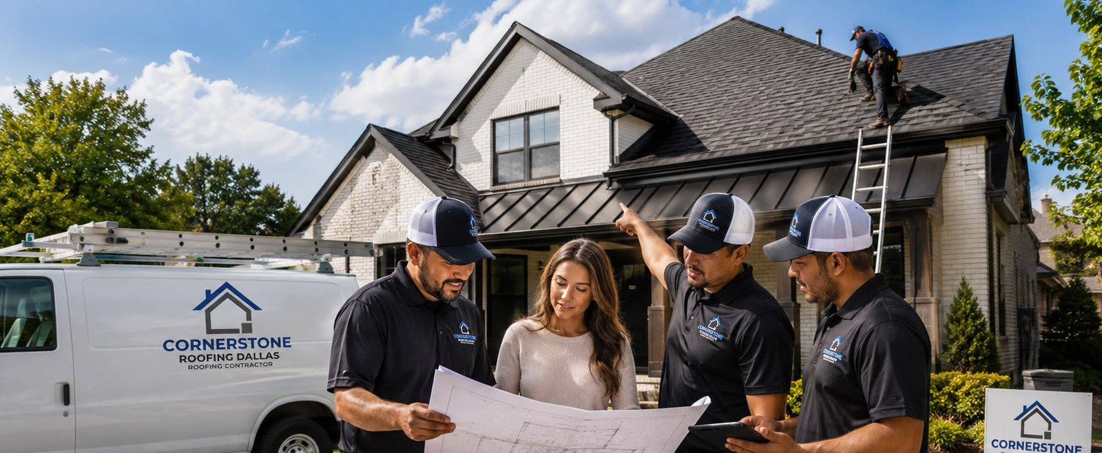 Robert Martinez and the Cornerstone Roofing Dallas crew reviewing roof plans in front of a home in Oak Cliff, with the branded service van and yard sign visible